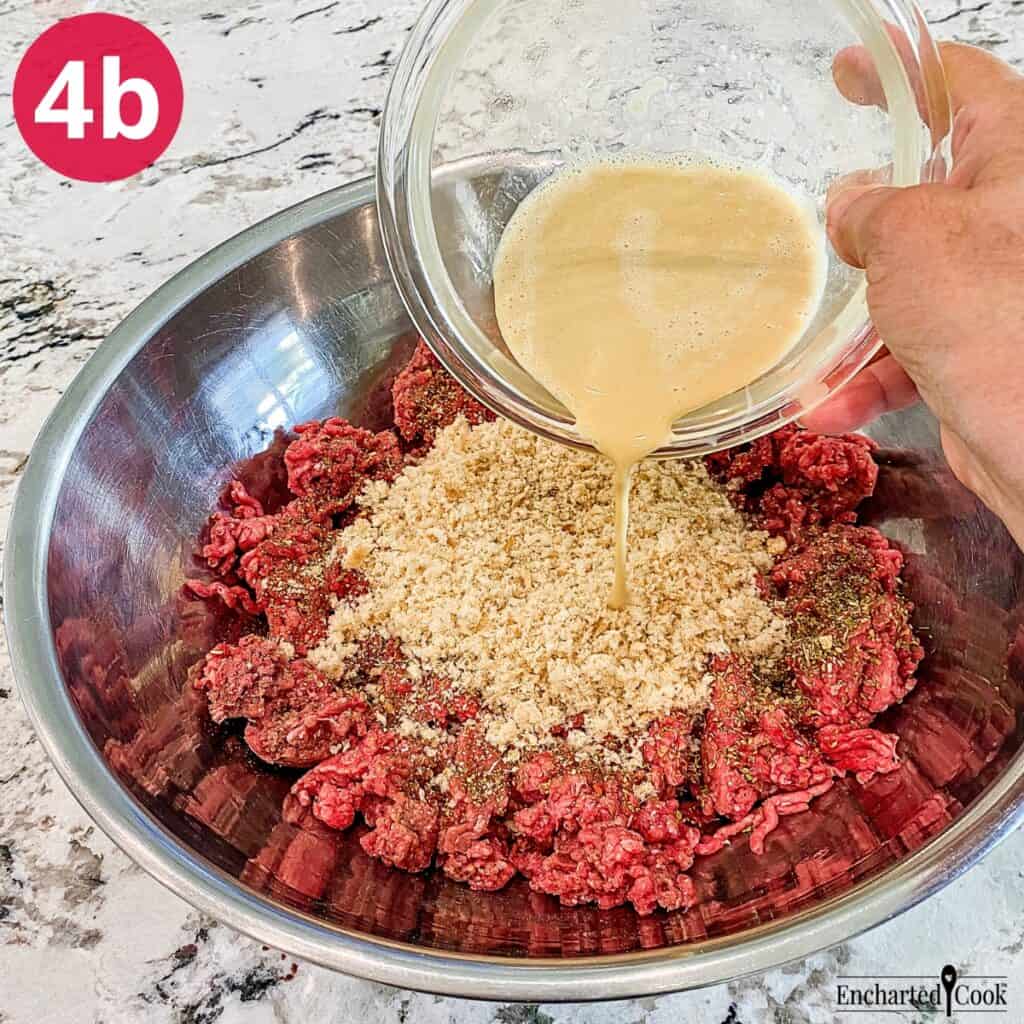 Process Photo 4b - The egg mixture is poured onto the bread crumbs on top of the ground beef.