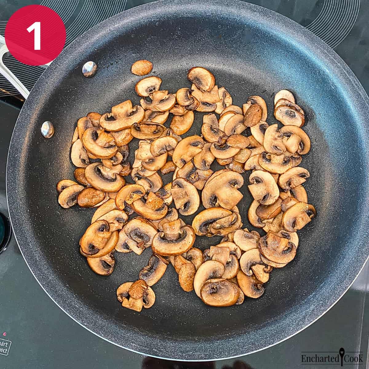 Process Photo 1 - Sautéing sliced mushrooms with butter until they are browned and reduced in volume.