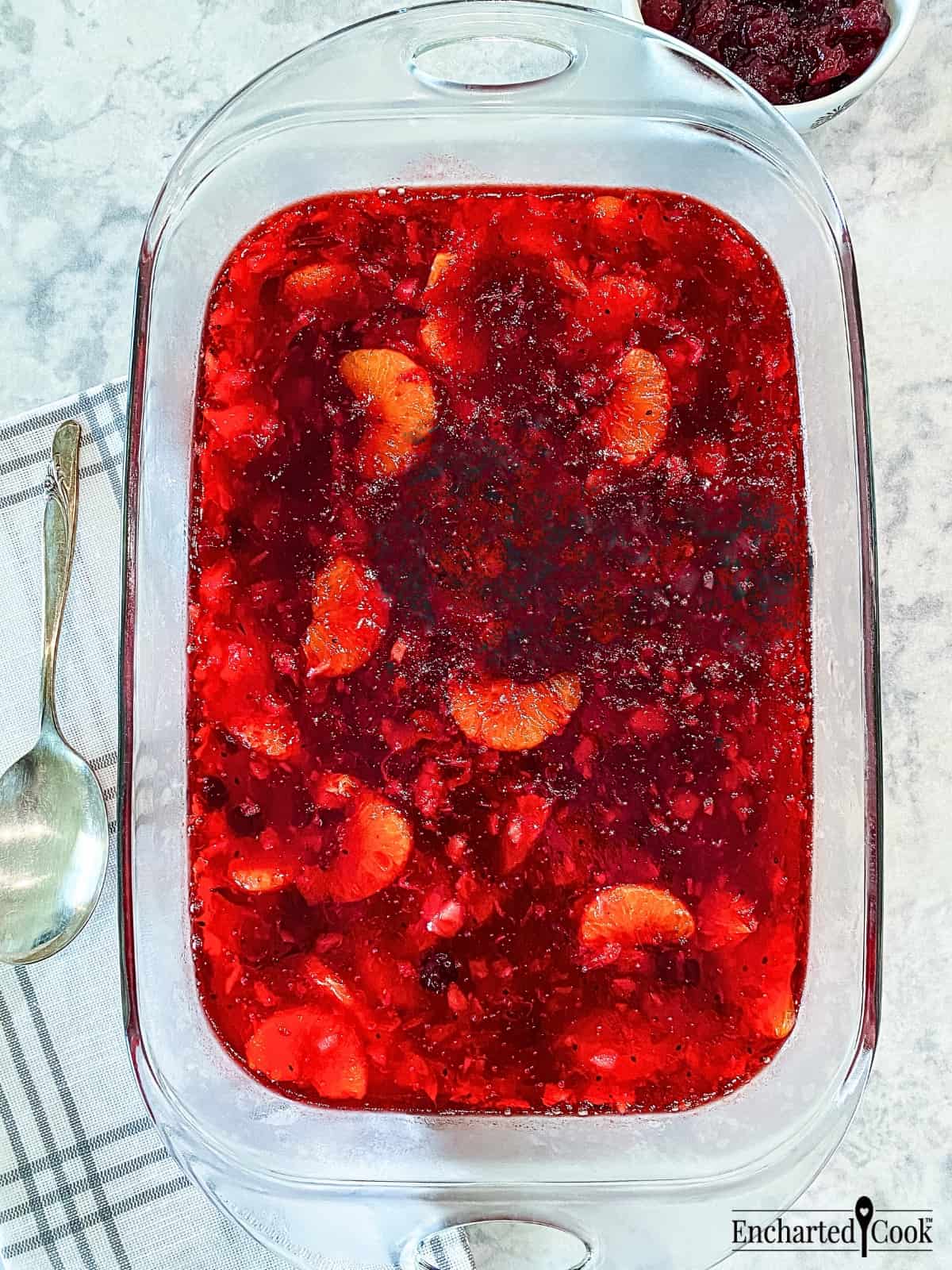 Cranberry Jello salad in a flat casserole and ready to be served.