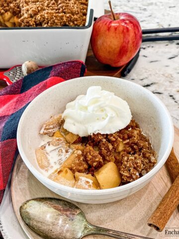 A bowl of cooked sliced apples with a crisp streusel topping and whipped cream.