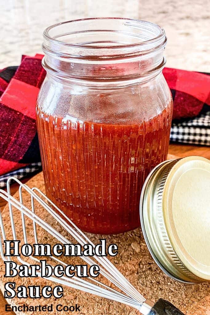 Barbecue sauce in a glass jar with a whisk and a lid to the side with text overlay.