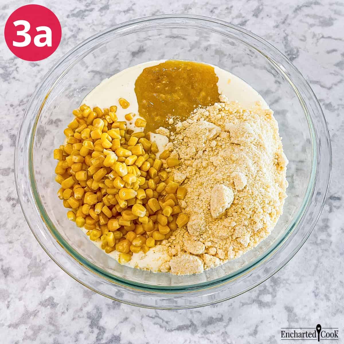 Process Photo 3a - Creamed corn, a Jiffy corn muffin mix, and corn kernels are added to the egg mixture.