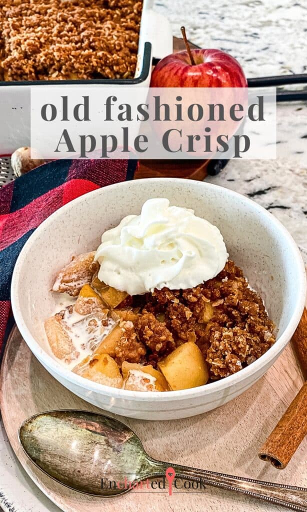 A bowl of cooked sliced apples with a crisp streusel topping and whipped cream with text overlays.