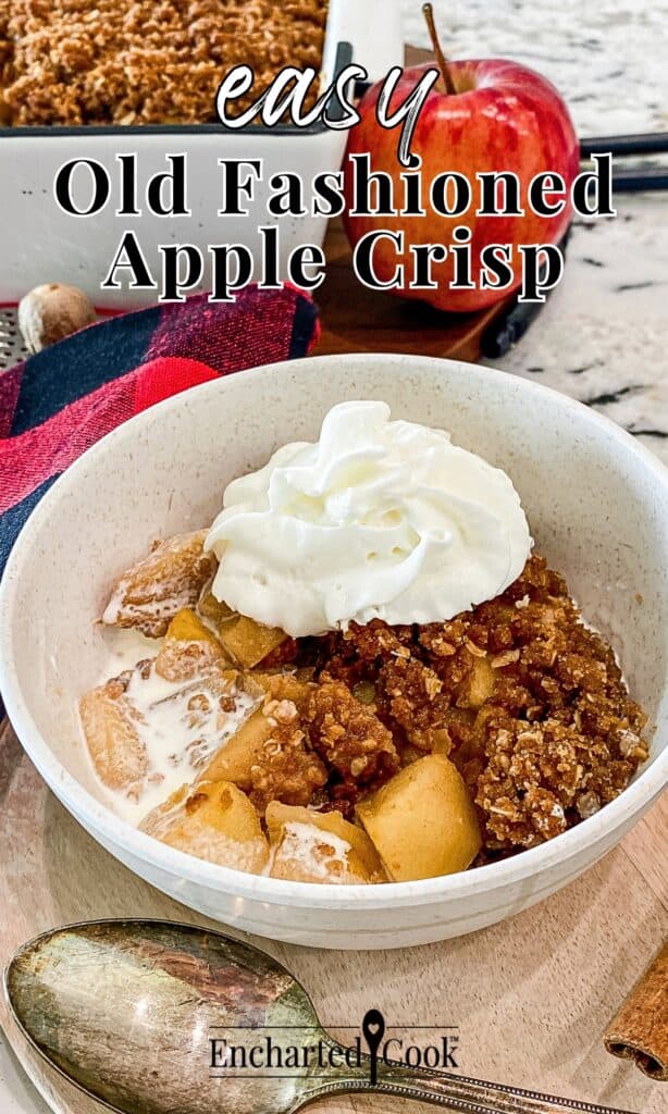 A bowl of cooked sliced apples with a crisp streusel topping and whipped cream with text overlays.