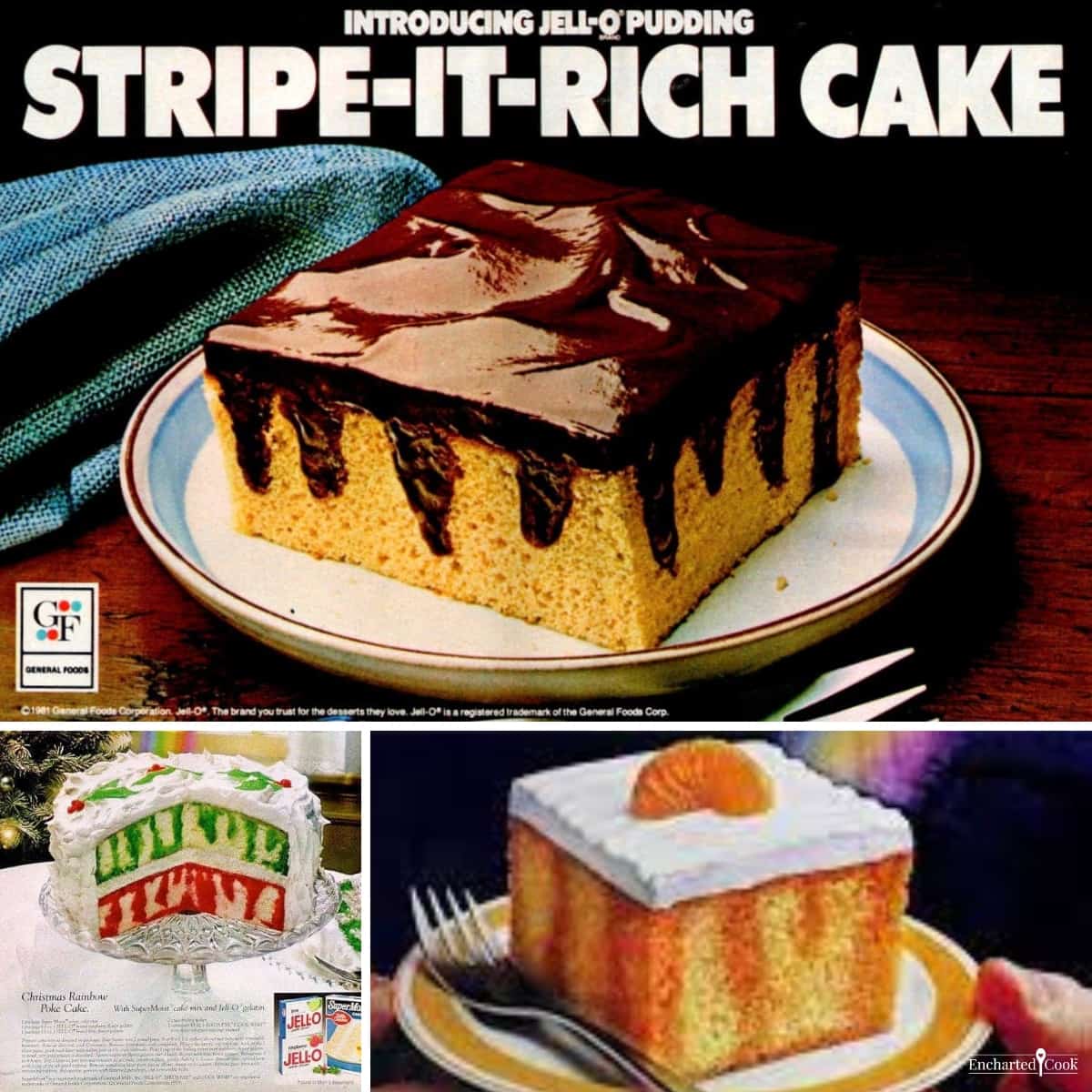 A collage of Jell-O poke cake advertisments: Stripe-It-Rich Cake, Christmas Rainbow Poke Cake, and Orange Poke Cake.