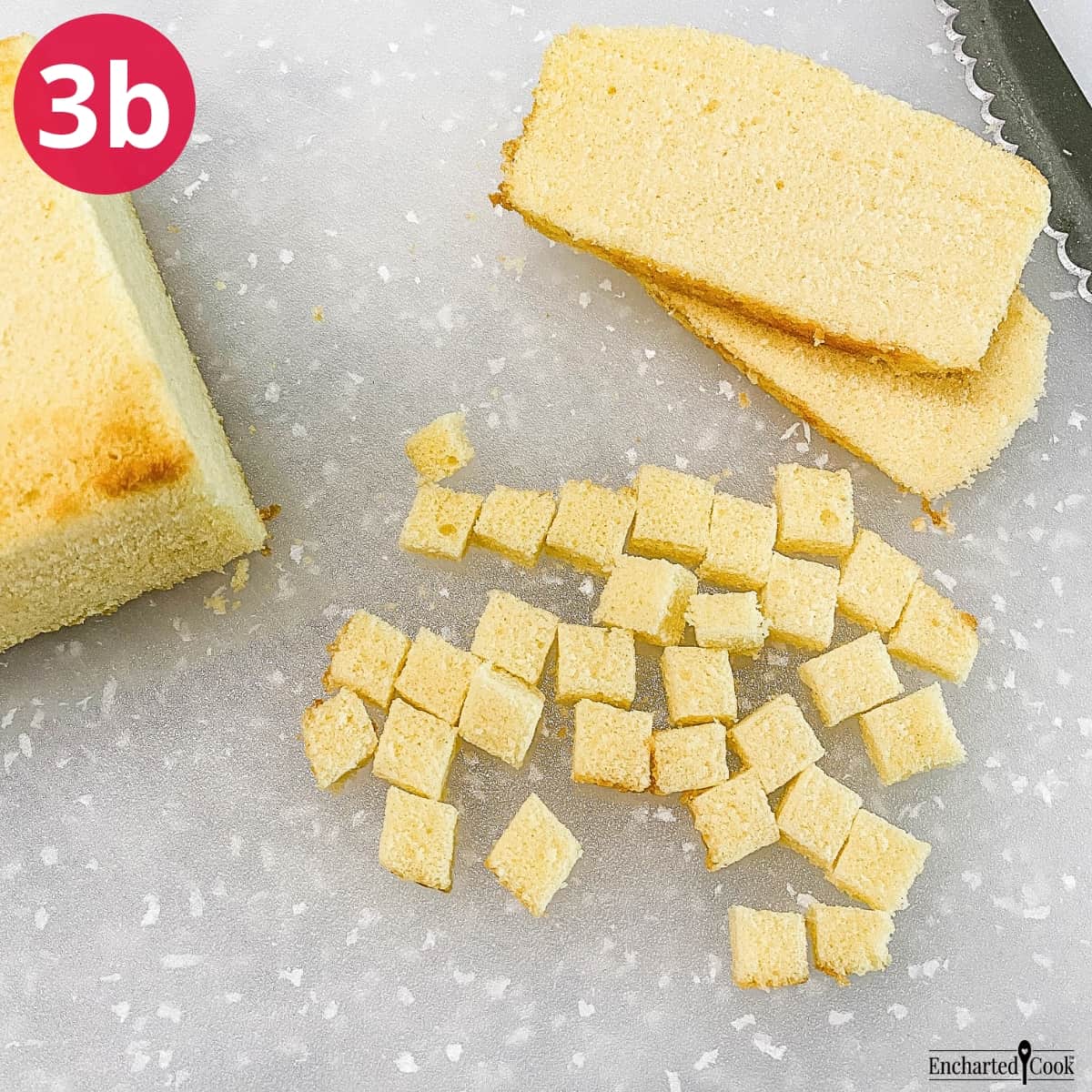 Process Photo 3b - The trimmed pound cake is cut in ¼ inch cubes.