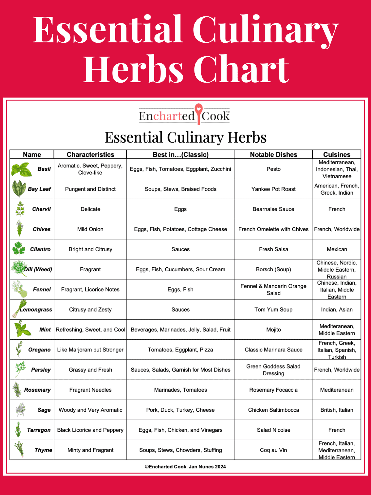 Red bordered feature image of Essential Culinary Herbs Chart with text overlay.