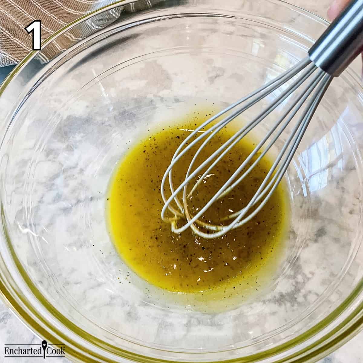 Process Photo 1 - Whisking the vinaigrette in a glass bowl.