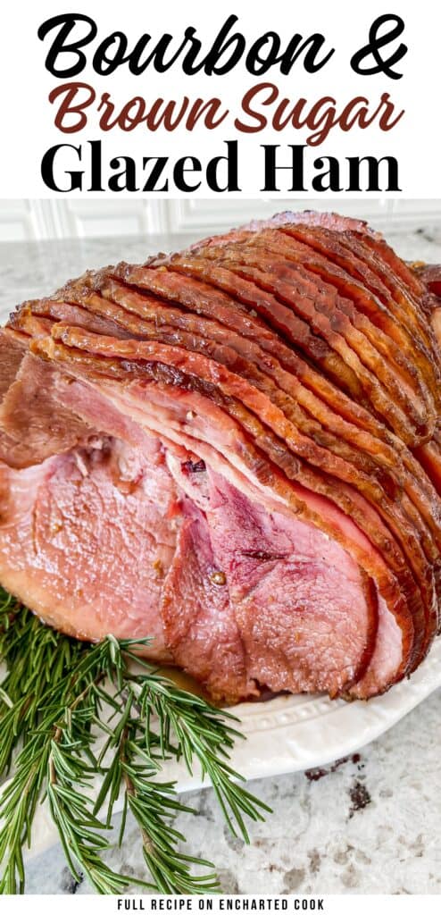 A glazed spiral ham on a white platter with sprigs of rosemary with text overlay.