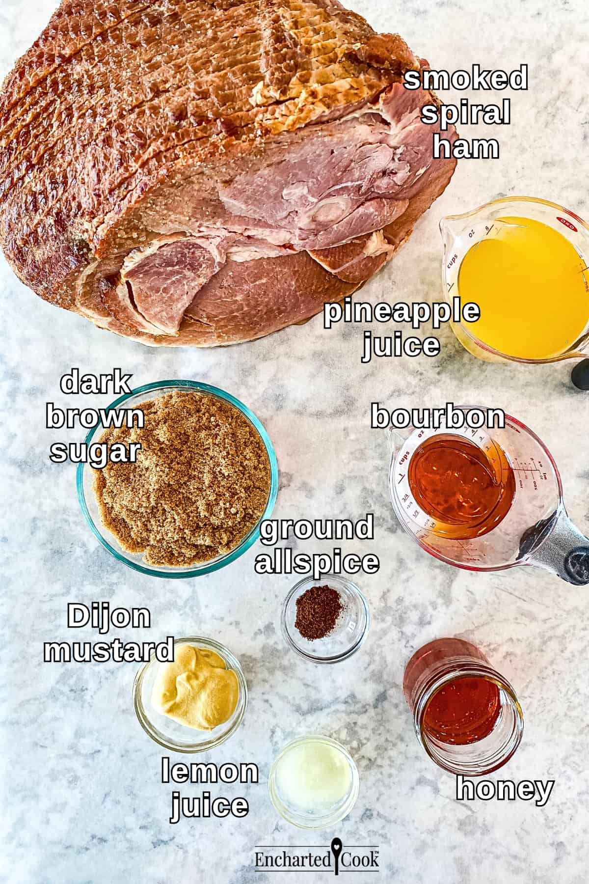 The ingredients, clockwise from top: smoked spiral ham, pineapple juice, bourbon, ground allspice, honey, lemon juice, Dijon mustard, and dark brown sugar.