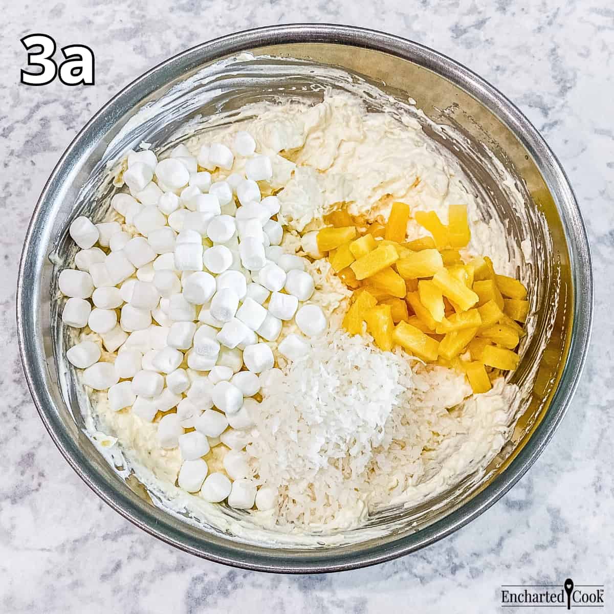 Process Photo 3a - Mini marshmallows, shredded coconut, and pineapple tidbits are added to the bowl.
