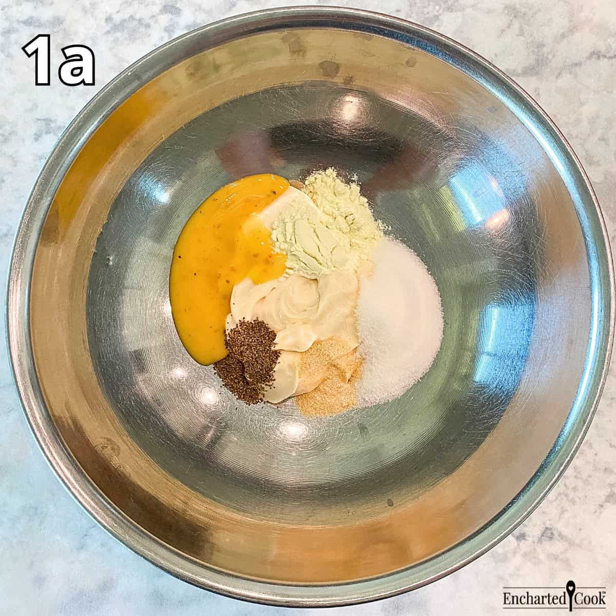 Process Photo 1a - The coleslaw dressing ingredients in a large mixing bowl.