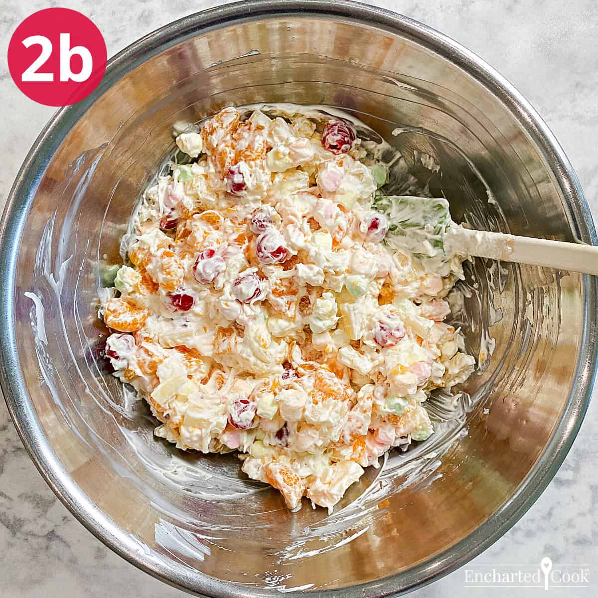 Process Photo 2b - All of the ambrosia ingredients are folded together in a large bowl.