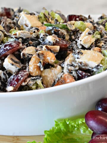 Chicken Salad with Wild Rice in a large white serving bowl.