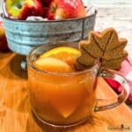 Mulled apple cider in a glass mug with sliced apples, orange, and a spiced leaf shaped cookie perched on the rim of the glass.