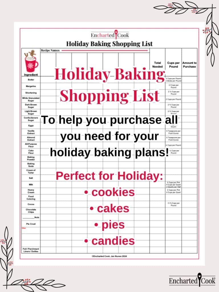 Holiday Baking Shopping List in red and black ink with text overlays.