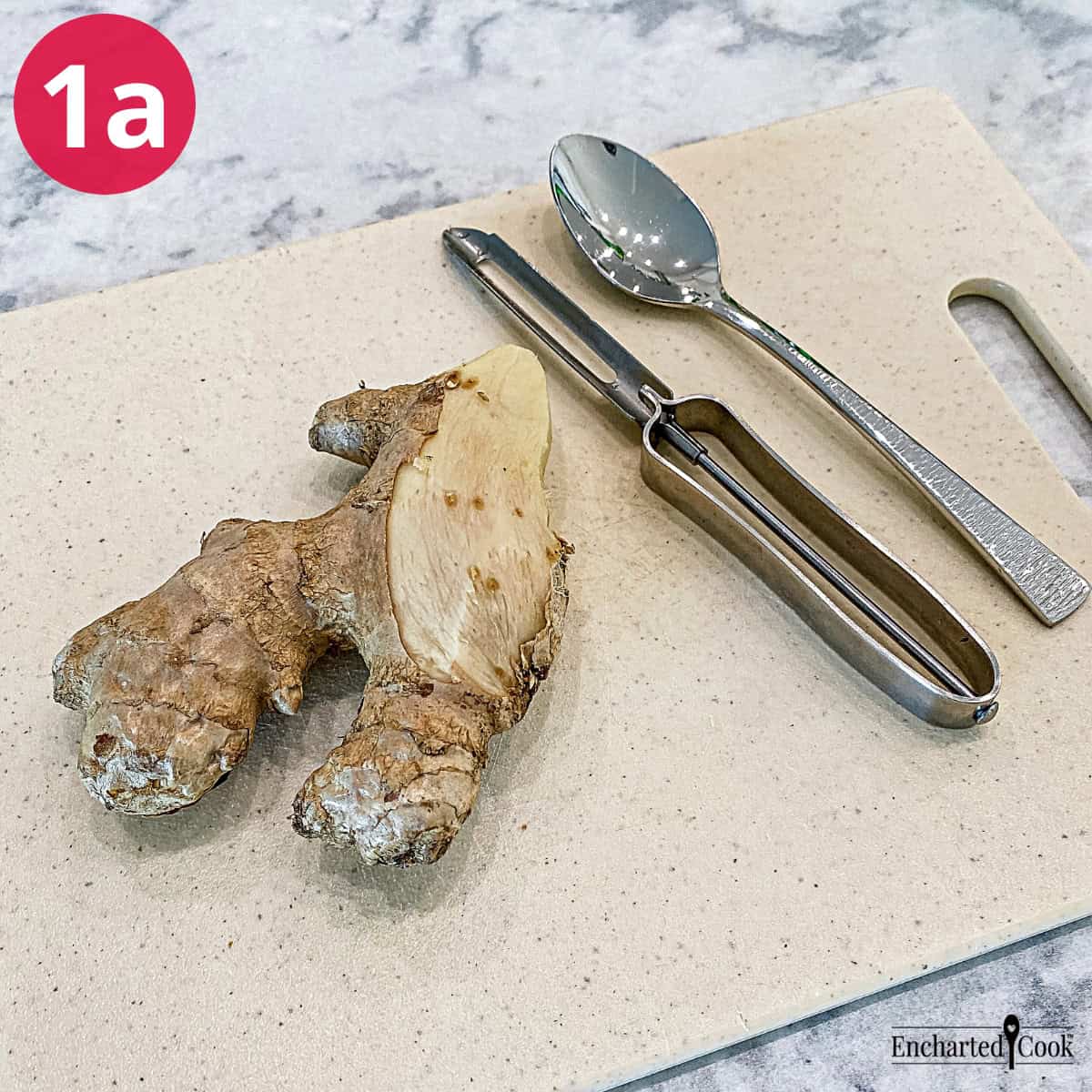 Process Photo 1a - Ginger Root and the tools to peel it on a cutting board.