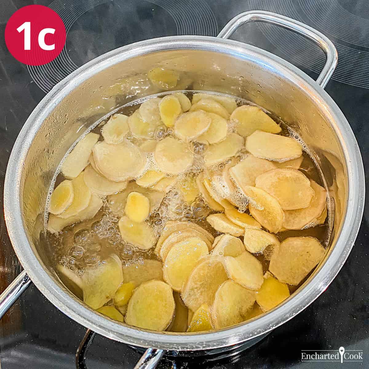 Process Photo 1c - Making ginger simple syrup by boiling ginger root in water and sugar.