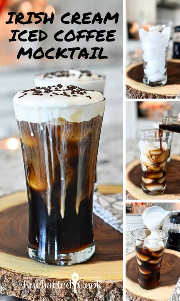 Process photos and final image of an iced black coffee with a float of Irish Cream flavored heavy cream with text overlays.