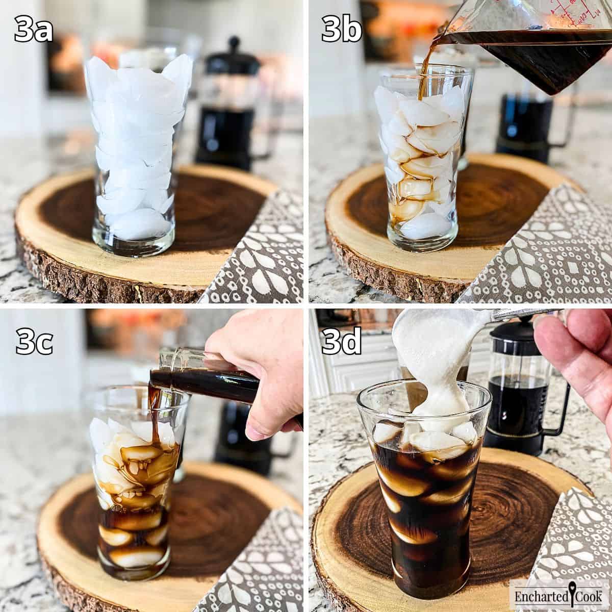 Assembling an Irish Cream Iced Coffee Mocktail Collage of Process Photos