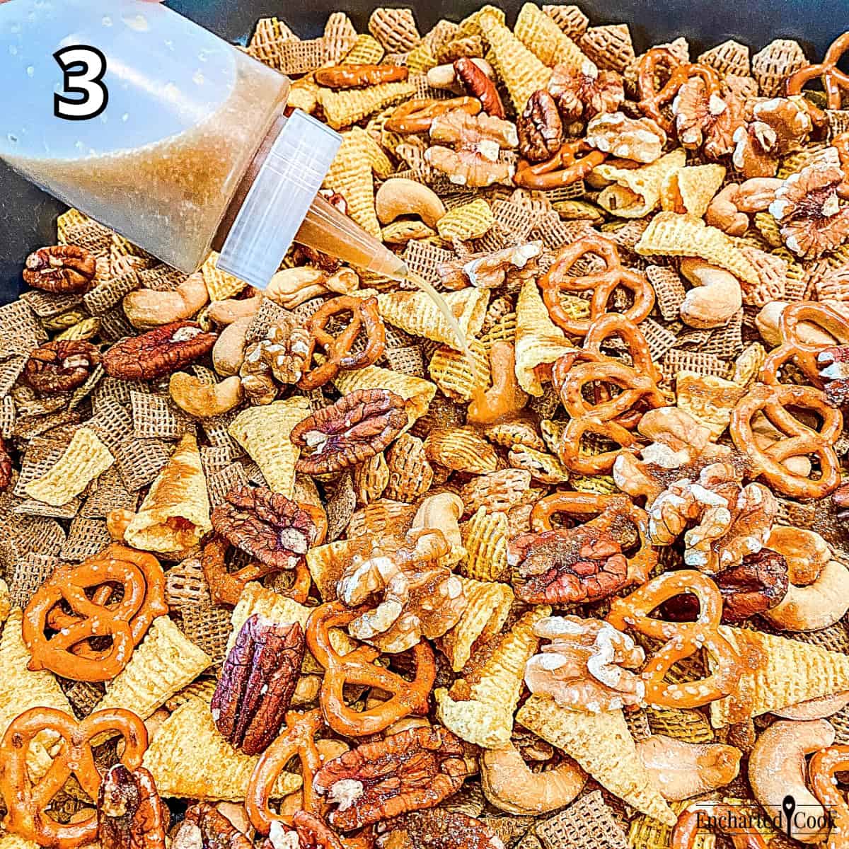 Process Photo 3 - Drizzling the snacks with the buttery seasoned sauce.