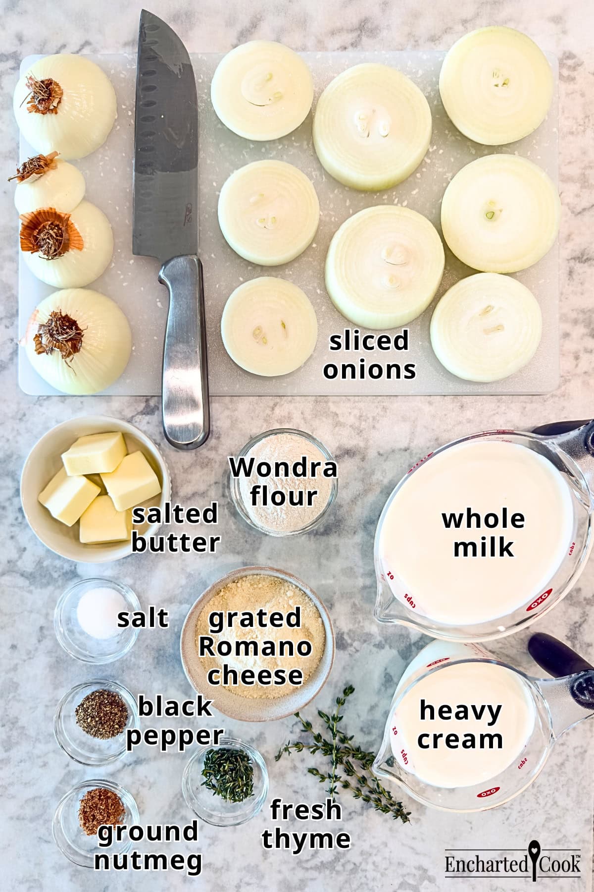 Scalloped Onions Ingredients, clockwise from top left: salted butter, Wondra flour, sliced onions, whole milk, heavy cream, fresh thyme, ground nutmeg, black pepper, grated Romano cheese, and salt.