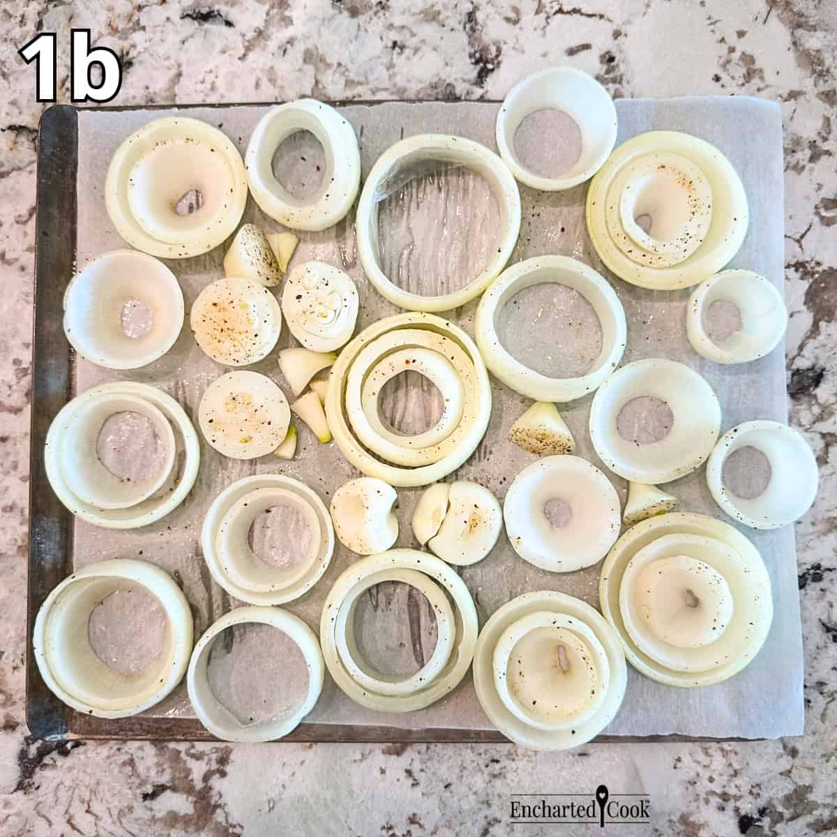 Process Photo 1b - The baked & softened onions are separated into rings on the baking sheet.