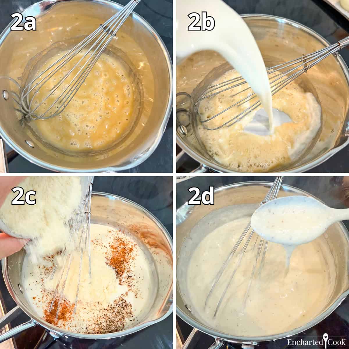 Process Photo 2a through 2d - Making Béchamel sauce 2a- Cooking the roux. 2b - Adding milk and cream to the roux. 2c - Adding seasonings and Romano cheese to the cooked sauce. 2d - The finished Béchamel sauce.