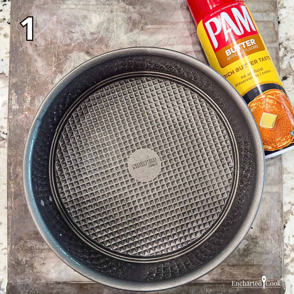 Process Photo 1 - A springform pan is lightly sprayed with butter flavored non-stick cooking spray on the sides and bottom.