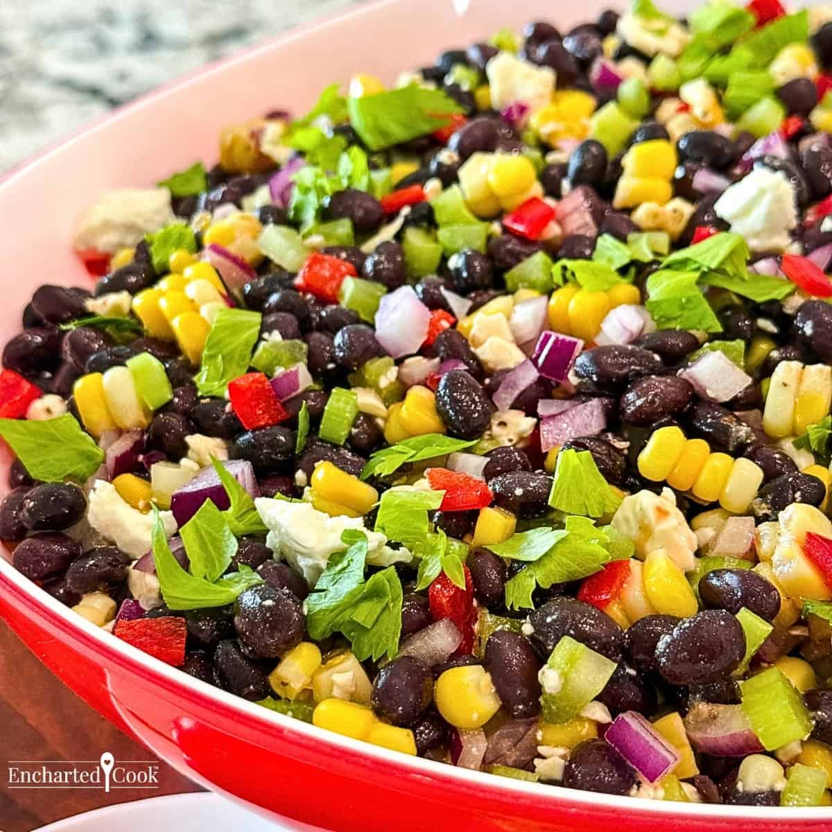 Close up view of Black Bean Salad with Corn in a red and white bowl.