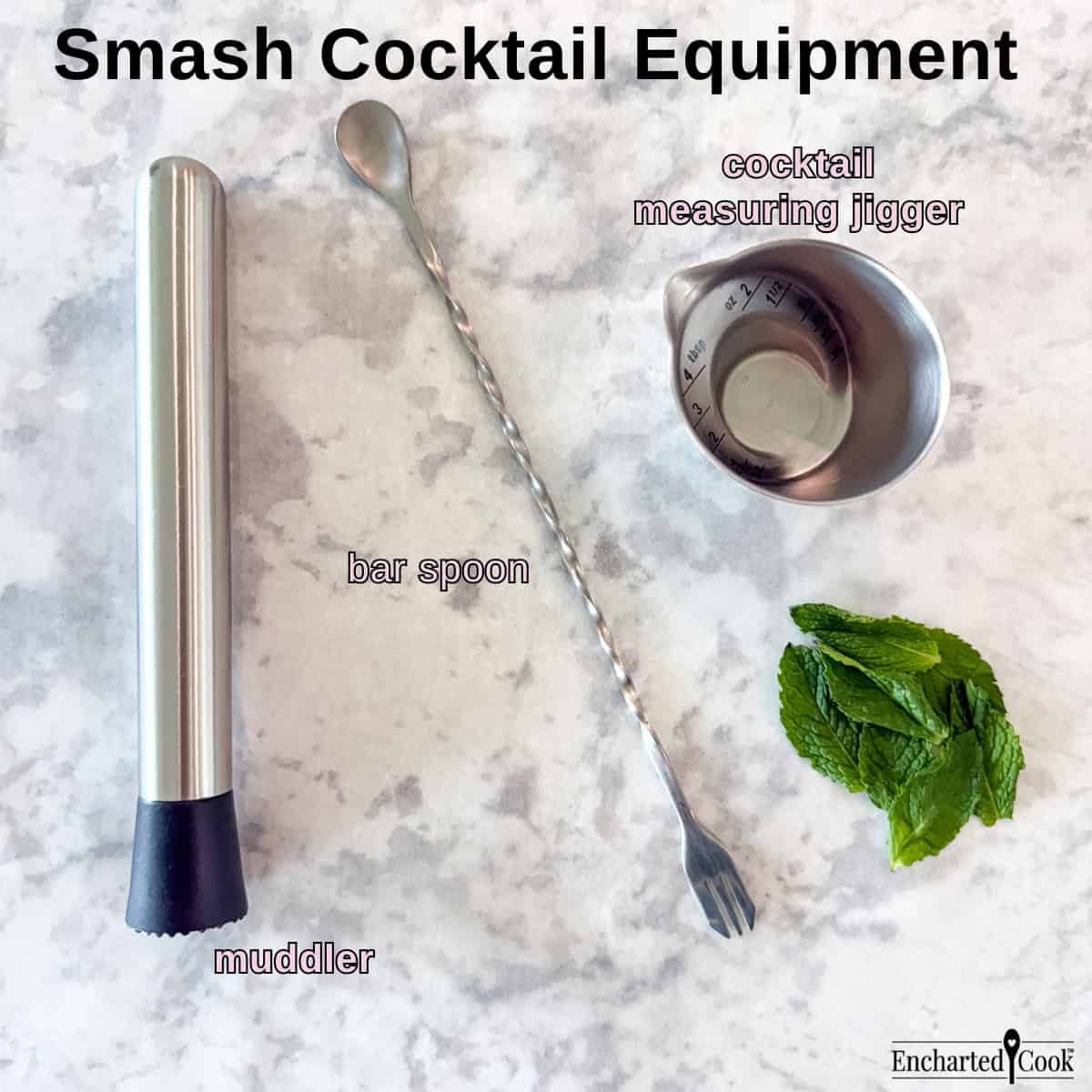 Smash cocktail equipment, left to right: muddler, bar spoon, and cocktail measuring jigger.