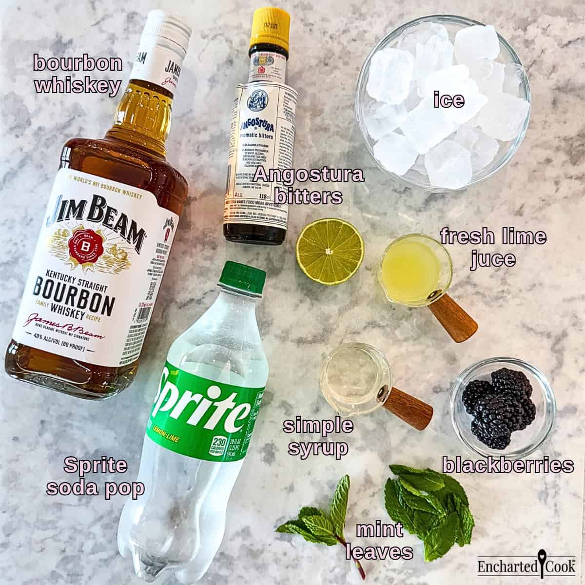 The labeled ingredients for a smash cocktail on a marble counter.