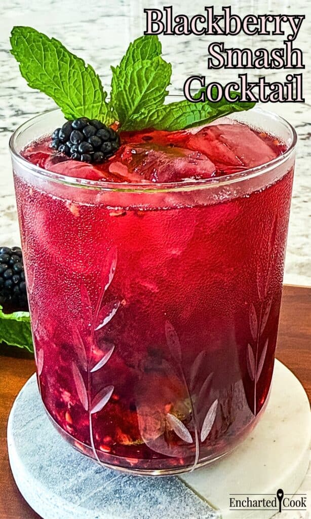 A blackberry and mint cocktail with lime and mint garnish with text overlays.