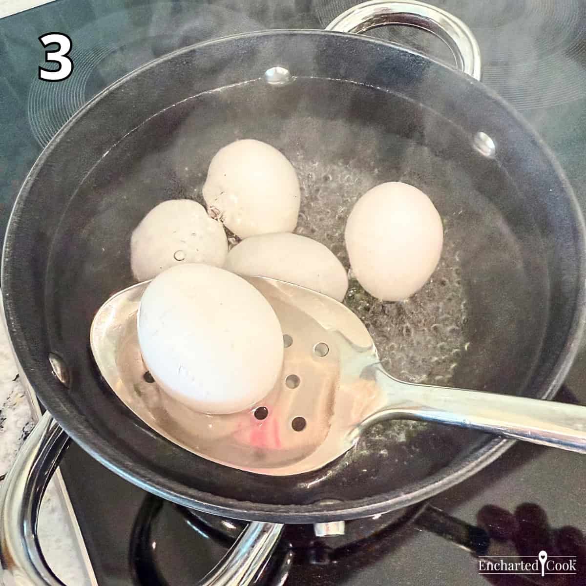 Process Photo 3 - With a slotted spoon (or a metal egg basket), lower the pierced eggs into the boiling water.