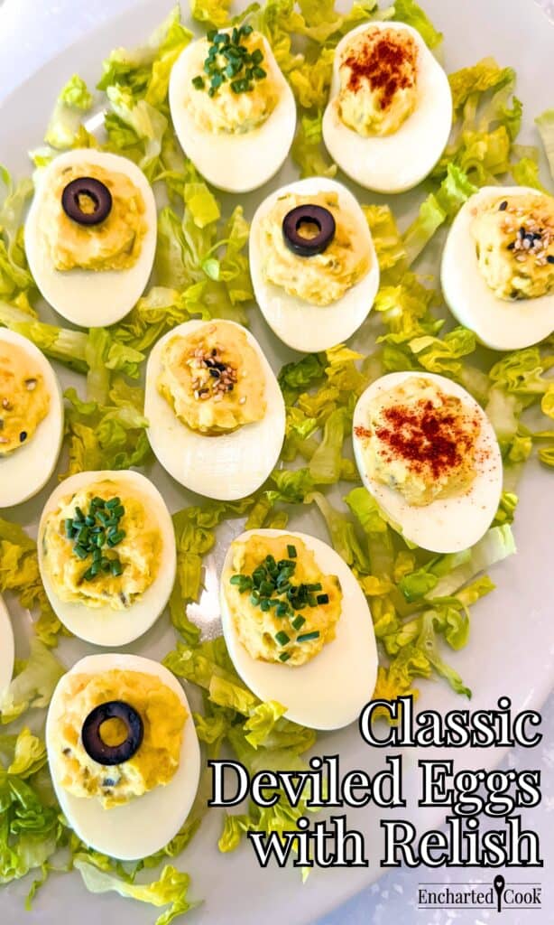 Deviled Eggs with various garnishes on a white platter with lettuce with text overlays.