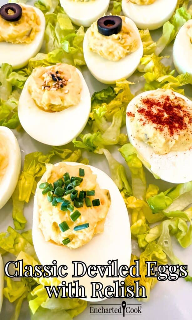 Deviled Eggs with various garnishes on a white platter with lettuce with text overlays.