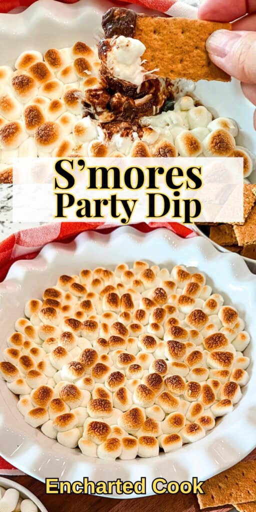 A collage of two images of S'mores Party Dip with toasted marshmallows and text overlays.