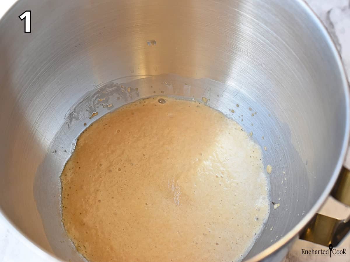 Process Photo 1 - Proofing the yeast in the large mixing bowl of a stand mixer.