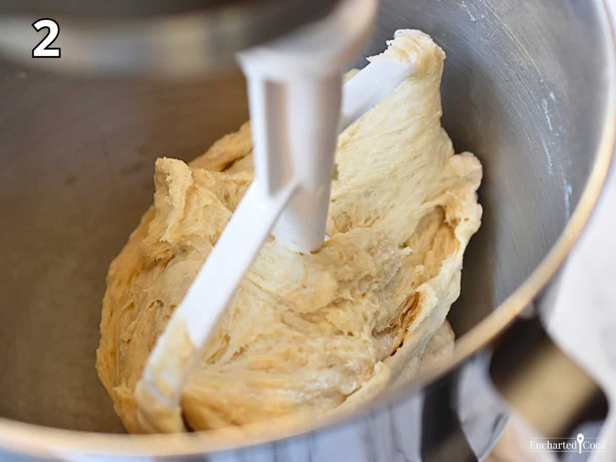 Process Photo 2 - Mixing the bread knot dough with a stand mixer fitted with paddle attachment.