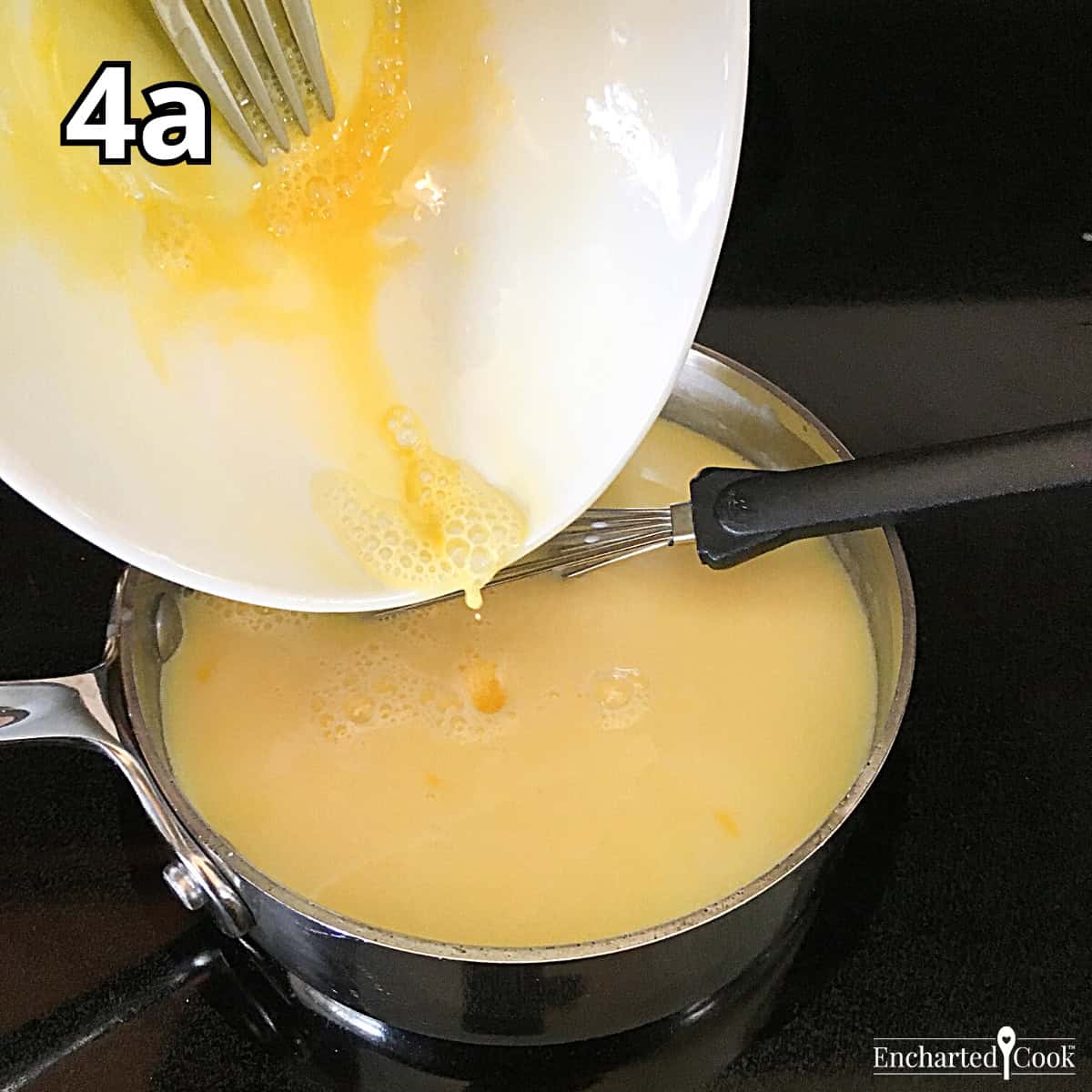 Process Photo 4a - Adding the tempered yolks to the white chocolate and milk mixture.