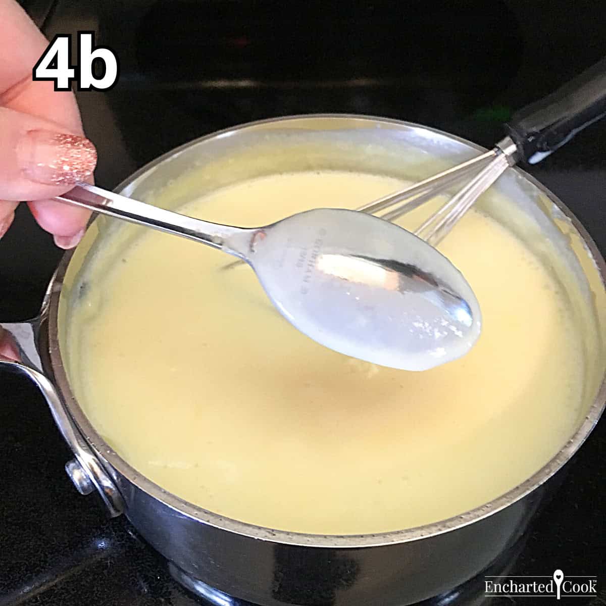 Process Photo 4b - Cooking the white chocolate and milk mixture until it is slightly thickened.
