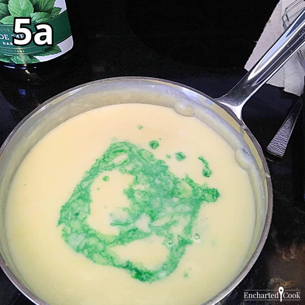 Process Photo 5a - Adding vanilla extract and crème de menthe to the white chocolate milk.