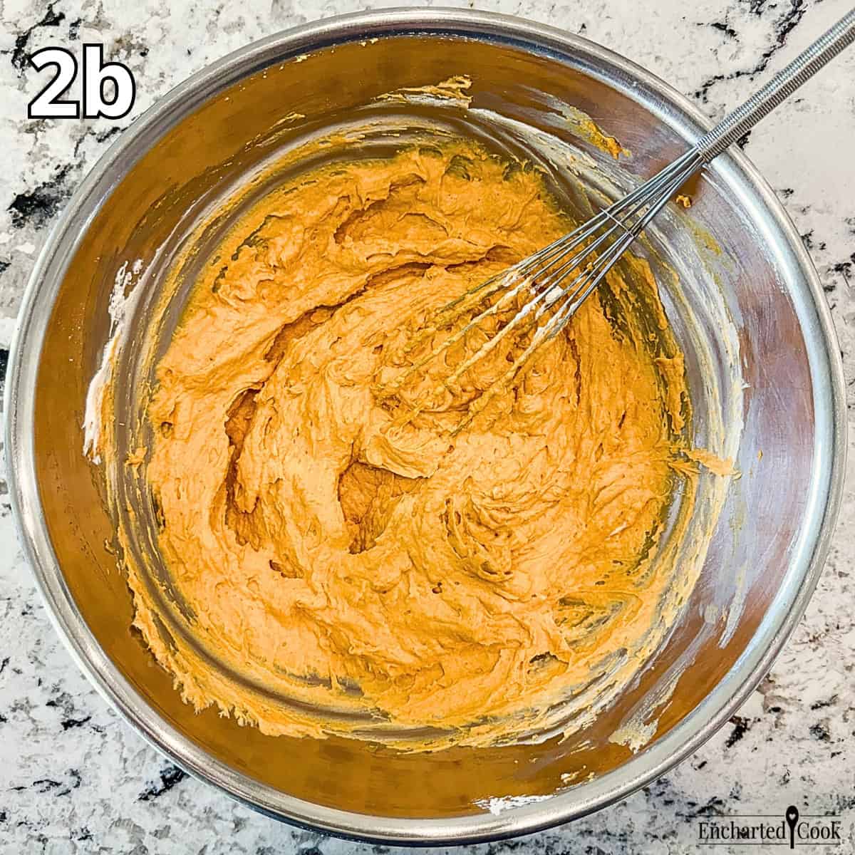 Process Photo 2b - Cool Whip topping is fully whisked into the the pumpkin mixture.