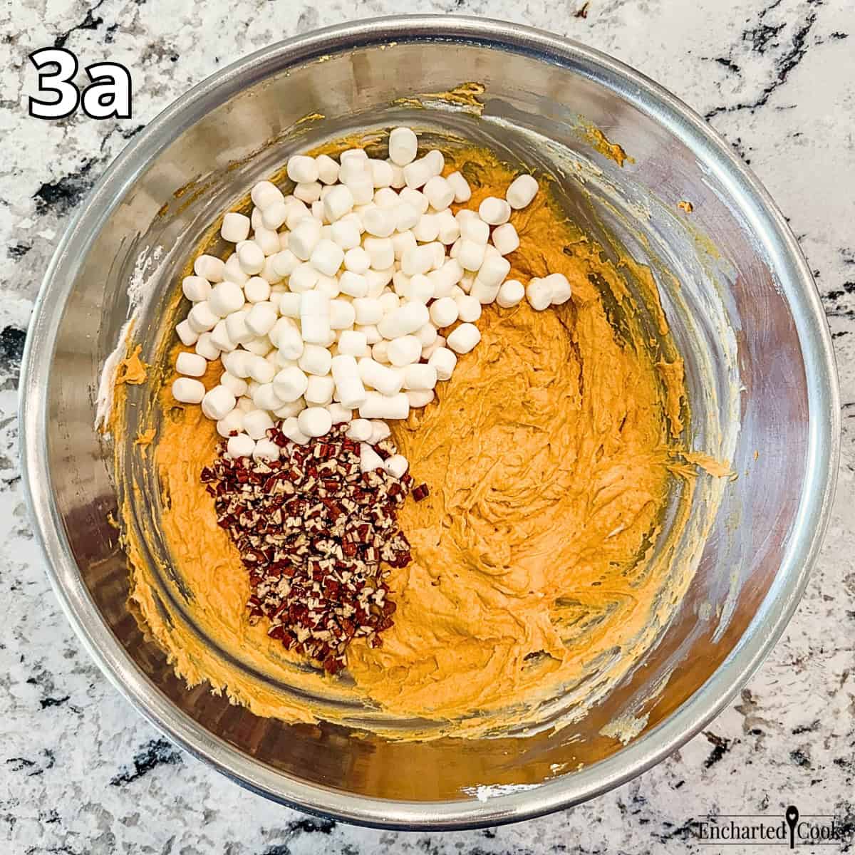 Process Photo 3a - Mini marshmallows and chopped pecans are added to the pumpkin fluff mixture.
