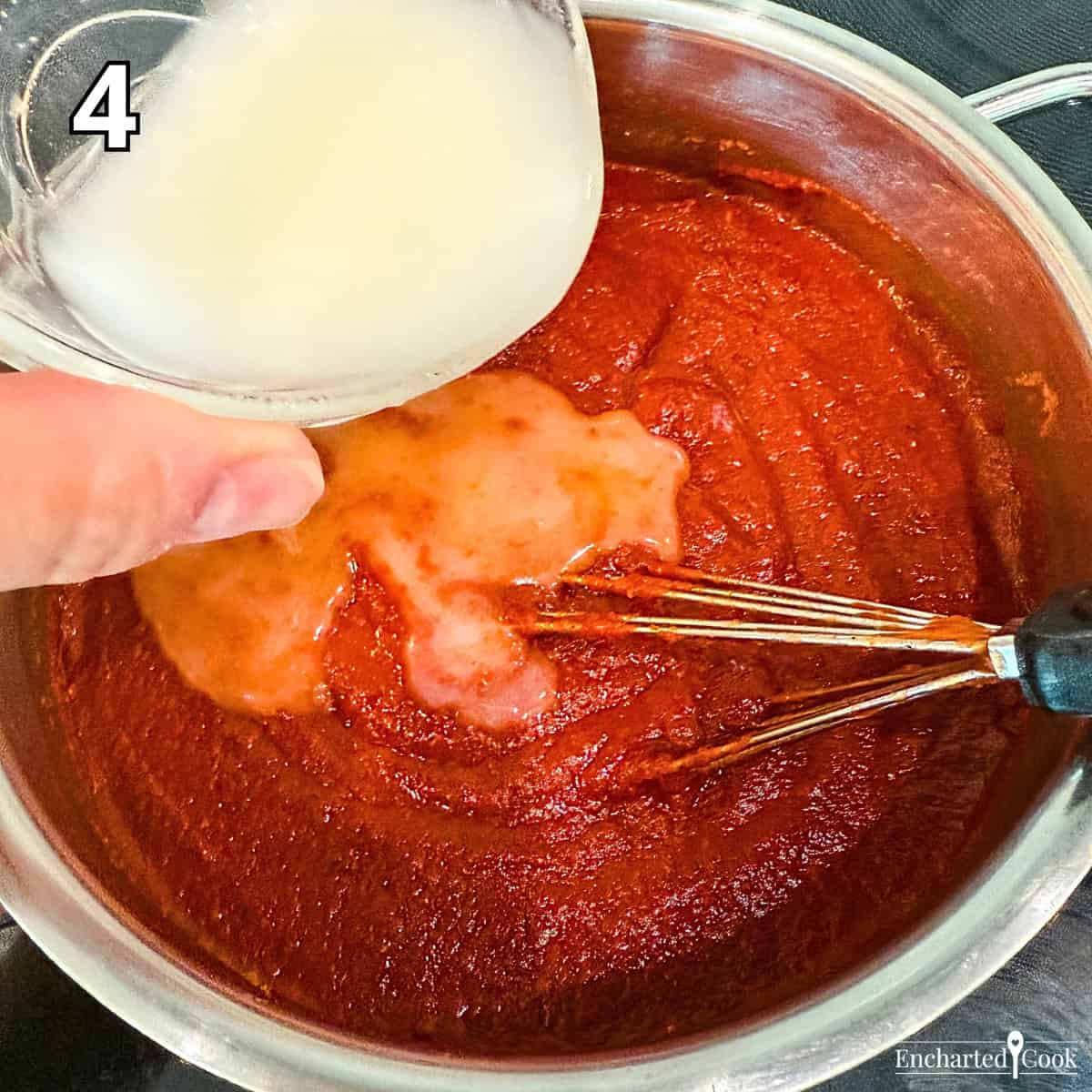 Process Photo 4 - Adding the hot water and flour slurry to the sauce to thicken it.