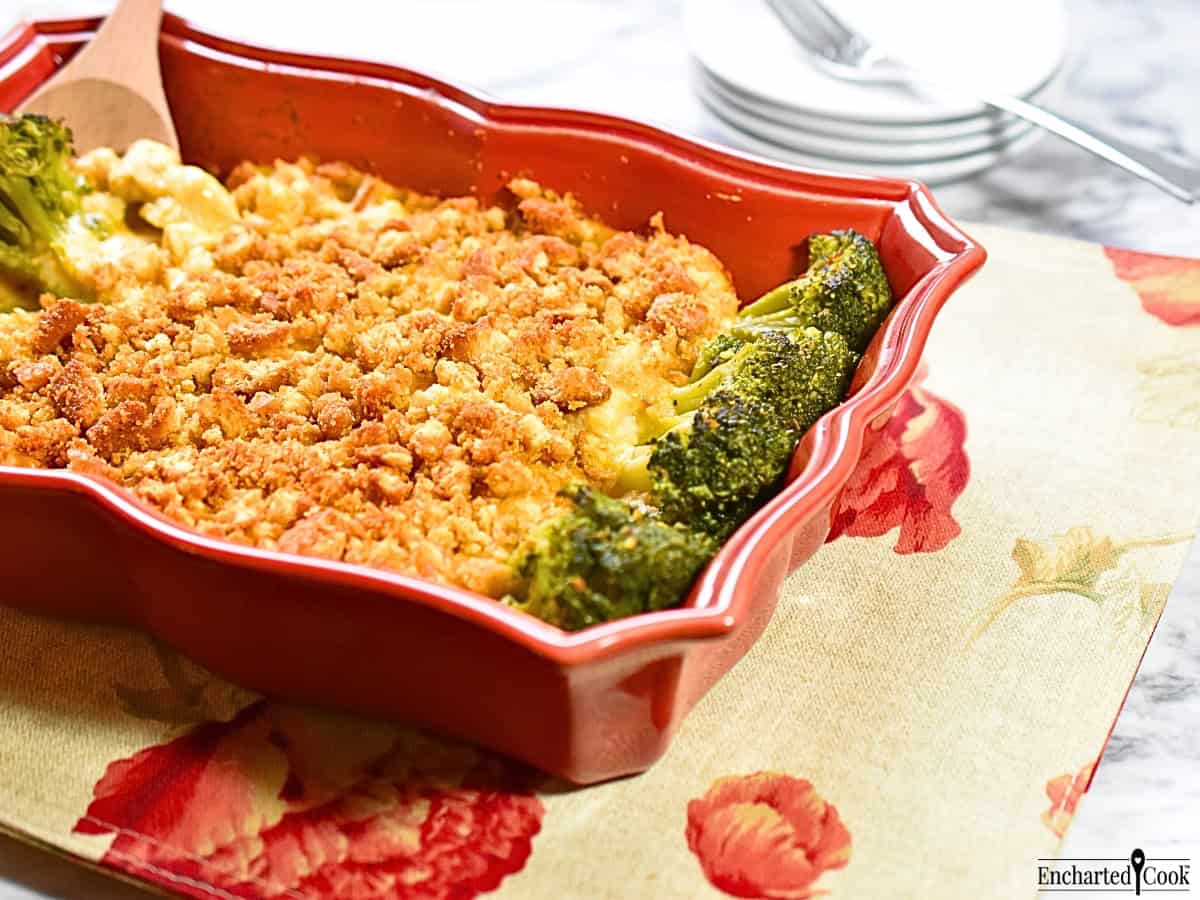 Tuscan Turkey Divan in a red casserole dish.
