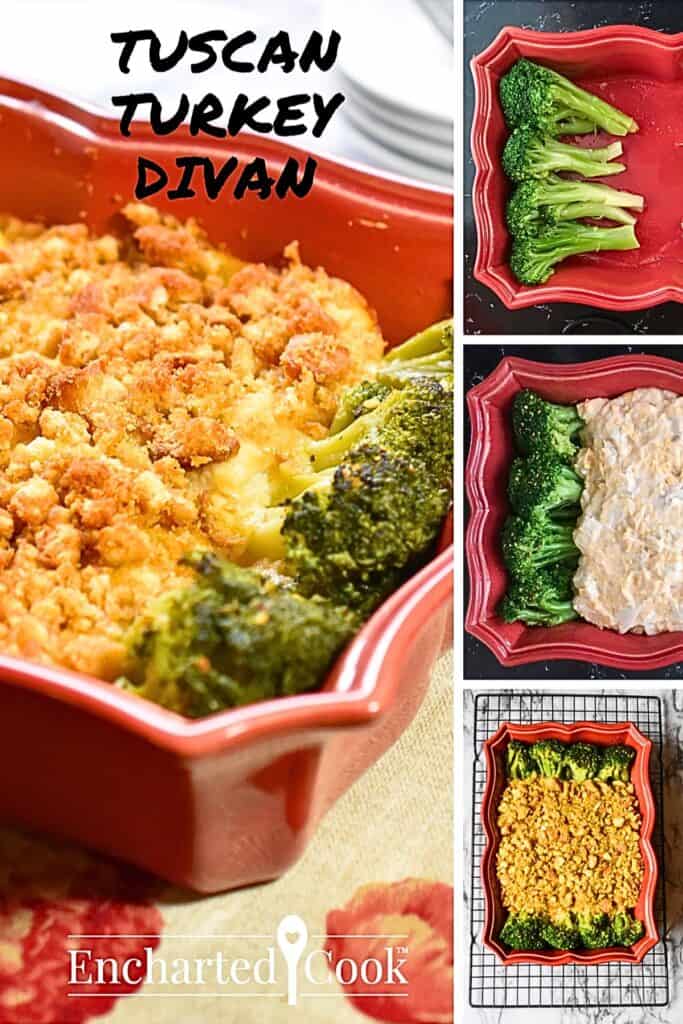 A collage of 4 images of how to make Turkey Divan with text overlays.