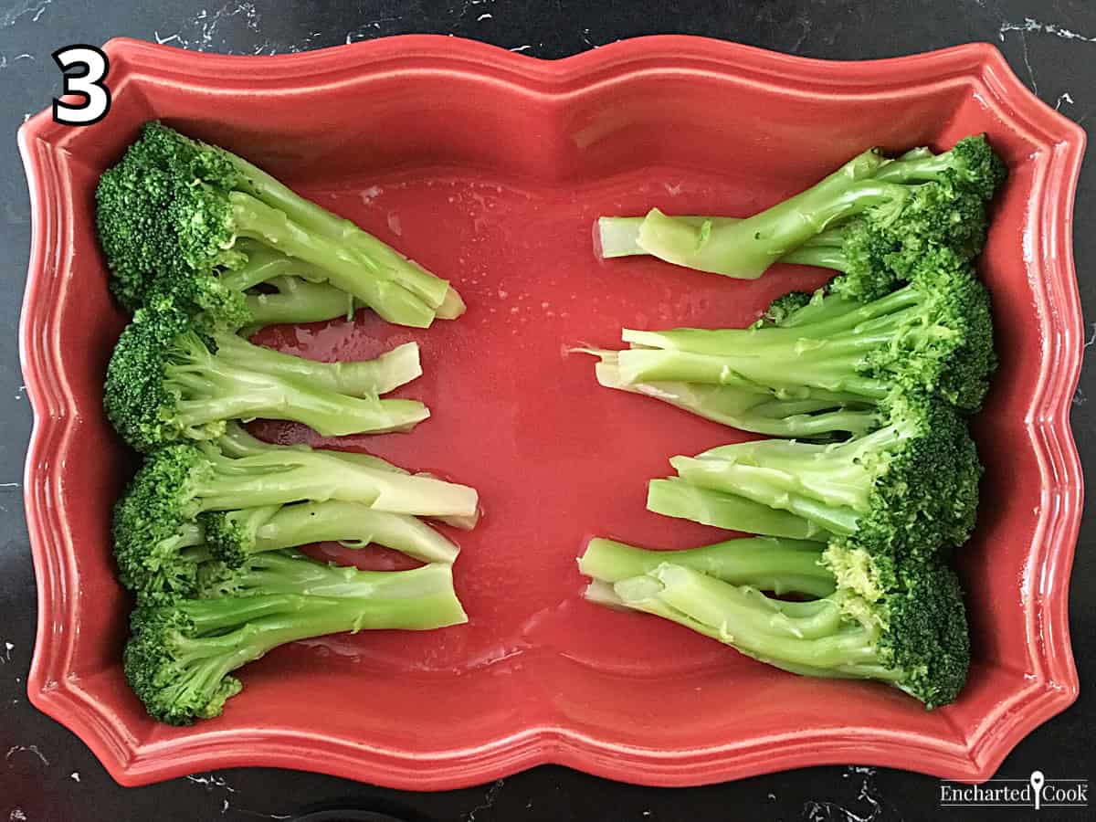 Process Photo 3 - Placing the broccoli spears in the casserole.