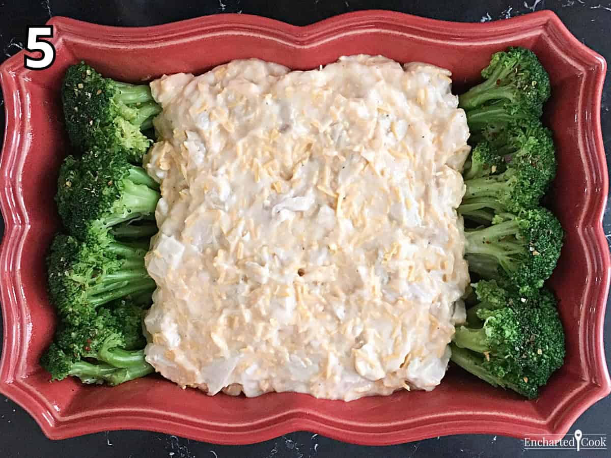 Process Photo 5 - The creamy turkey mixture on top of the broccoli spears.