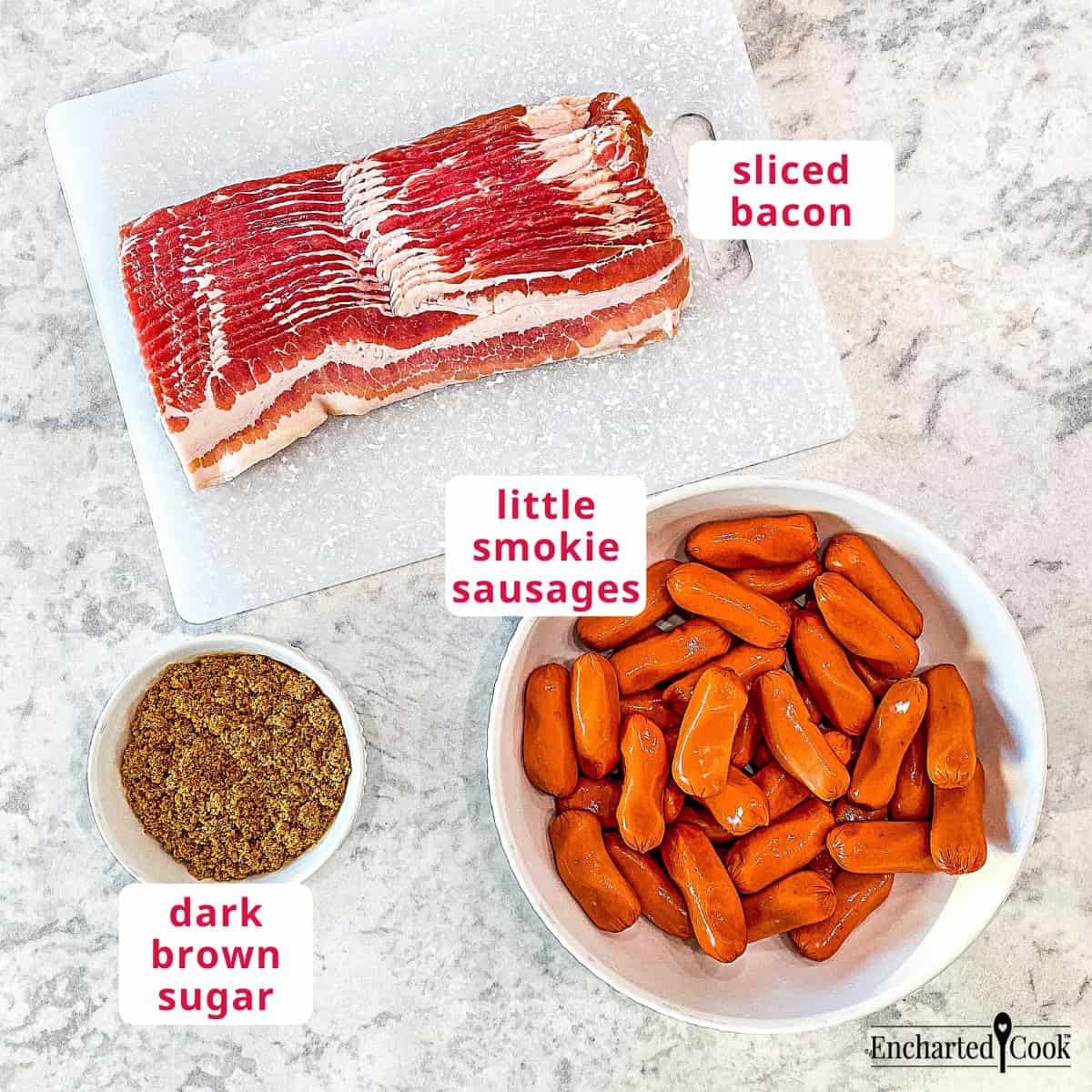 The Ingredients, clockwise from top: sliced bacon, little smokie sausages, and dark brown sugar.